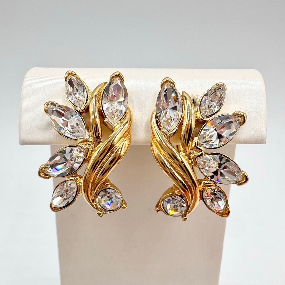 Vintage Trifari Marquise Rhinestone Spray Clip On Earrings Signed Sparkly Glam